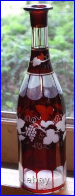 RARE Antique Victorian ETCHED GRAPEVINE DECANTER Art Glass Hand Cut PAINTED RED