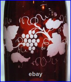 RARE Antique Victorian ETCHED GRAPEVINE DECANTER Art Glass Hand Cut PAINTED RED
