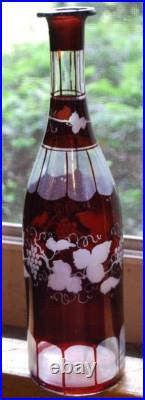 RARE Antique Victorian ETCHED GRAPEVINE DECANTER Art Glass Hand Cut PAINTED RED