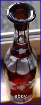 RARE Antique Victorian ETCHED GRAPEVINE DECANTER Art Glass Hand Cut PAINTED RED