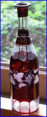 RARE Antique Victorian ETCHED GRAPEVINE DECANTER Art Glass Hand Cut PAINTED RED