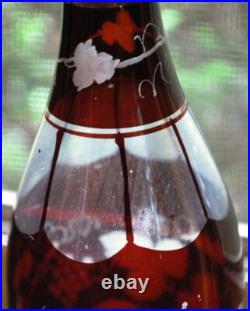 RARE Antique Victorian ETCHED GRAPEVINE DECANTER Art Glass Hand Cut PAINTED RED