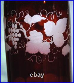 RARE Antique Victorian ETCHED GRAPEVINE DECANTER Art Glass Hand Cut PAINTED RED