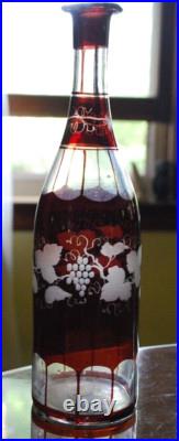 RARE Antique Victorian ETCHED GRAPEVINE DECANTER Art Glass Hand Cut PAINTED RED