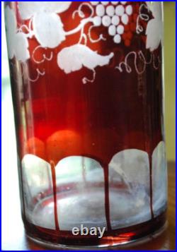 RARE Antique Victorian ETCHED GRAPEVINE DECANTER Art Glass Hand Cut PAINTED RED