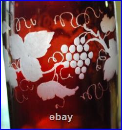 RARE Antique Victorian ETCHED GRAPEVINE DECANTER Art Glass Hand Cut PAINTED RED