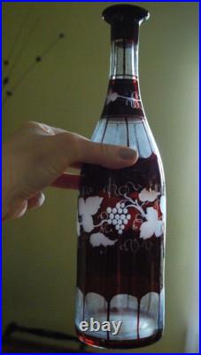 RARE Antique Victorian ETCHED GRAPEVINE DECANTER Art Glass Hand Cut PAINTED RED
