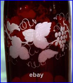 RARE Antique Victorian ETCHED GRAPEVINE DECANTER Art Glass Hand Cut PAINTED RED