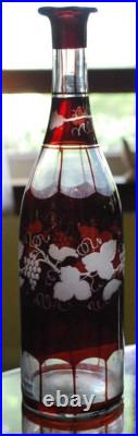 RARE Antique Victorian ETCHED GRAPEVINE DECANTER Art Glass Hand Cut PAINTED RED