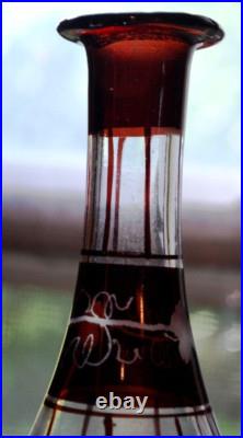 RARE Antique Victorian ETCHED GRAPEVINE DECANTER Art Glass Hand Cut PAINTED RED