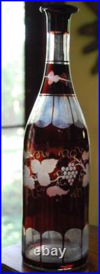 RARE Antique Victorian ETCHED GRAPEVINE DECANTER Art Glass Hand Cut PAINTED RED