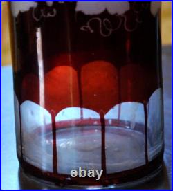 RARE Antique Victorian ETCHED GRAPEVINE DECANTER Art Glass Hand Cut PAINTED RED