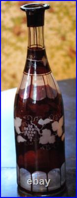 RARE Antique Victorian ETCHED GRAPEVINE DECANTER Art Glass Hand Cut PAINTED RED