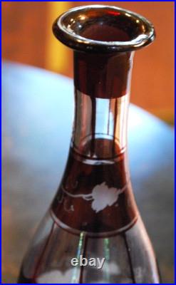 RARE Antique Victorian ETCHED GRAPEVINE DECANTER Art Glass Hand Cut PAINTED RED
