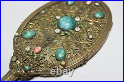 RARE Antique Victorian Royalty Jeweled & Enameled Filigree Vanity Hand Mirror
