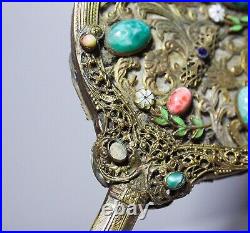 RARE Antique Victorian Royalty Jeweled & Enameled Filigree Vanity Hand Mirror