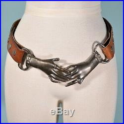 RARE VTG 70s Clasping Hands Victorian Pewter Original Leather Belt Boho Hippie