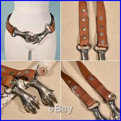 RARE VTG 70s Clasping Hands Victorian Pewter Original Leather Belt Boho Hippie