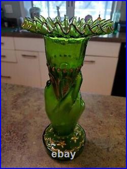 RARE Victorian Handpainted Blown Glass Cornucopia Hand Vase Set Green 10.5