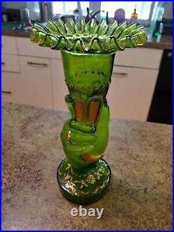 RARE Victorian Handpainted Blown Glass Cornucopia Hand Vase Set Green 10.5