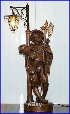 Rare 109cm Tall Circa 1920 Original Black Forest Hand Carved Wood Watchman Lamp