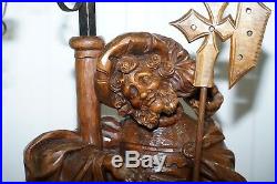 Rare 109cm Tall Circa 1920 Original Black Forest Hand Carved Wood Watchman Lamp