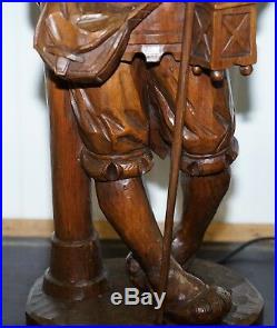 Rare 109cm Tall Circa 1920 Original Black Forest Hand Carved Wood Watchman Lamp