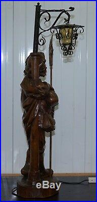 Rare 109cm Tall Circa 1920 Original Black Forest Hand Carved Wood Watchman Lamp