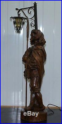 Rare 109cm Tall Circa 1920 Original Black Forest Hand Carved Wood Watchman Lamp