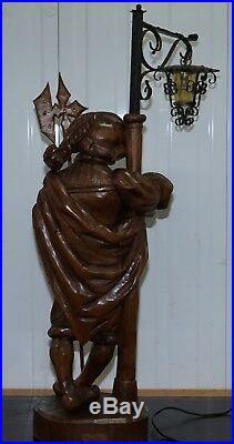 Rare 109cm Tall Circa 1920 Original Black Forest Hand Carved Wood Watchman Lamp