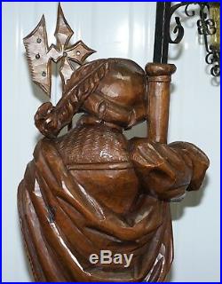 Rare 109cm Tall Circa 1920 Original Black Forest Hand Carved Wood Watchman Lamp