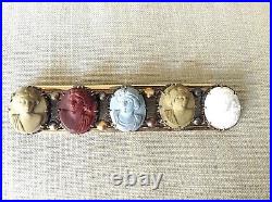 Rare 14K Antique Victorian Multi-Color Hand Carved Lava Bar Pin of Women's Faces