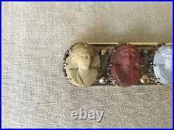 Rare 14K Antique Victorian Multi-Color Hand Carved Lava Bar Pin of Women's Faces
