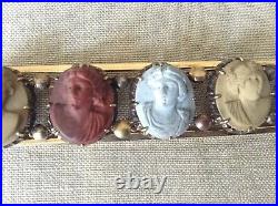 Rare 14K Antique Victorian Multi-Color Hand Carved Lava Bar Pin of Women's Faces