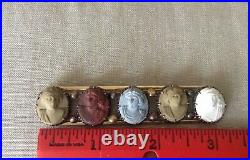 Rare 14K Antique Victorian Multi-Color Hand Carved Lava Bar Pin of Women's Faces