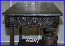 Rare 17th Century Hand Carved Oak Italian Console Serving Table Cherubs Angels