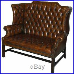 Rare 1973 Geroge III Chesterfield Hand Dyed Wingback Leather Two Seat Bench Sofa