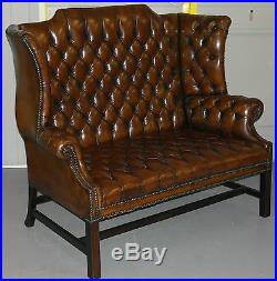 Rare 1973 Geroge III Chesterfield Hand Dyed Wingback Leather Two Seat Bench Sofa