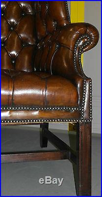 Rare 1973 Geroge III Chesterfield Hand Dyed Wingback Leather Two Seat Bench Sofa