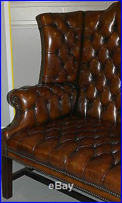 Rare 1973 Geroge III Chesterfield Hand Dyed Wingback Leather Two Seat Bench Sofa