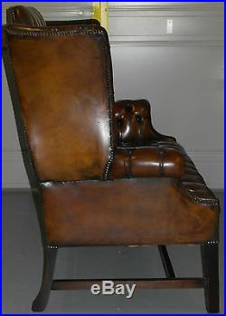 Rare 1973 Geroge III Chesterfield Hand Dyed Wingback Leather Two Seat Bench Sofa