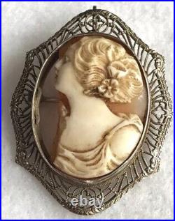 Rare Antique Cameo Left Facing 10kt Gold Frame Victorian Hand Carved Filigree