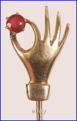 Rare Antique Handmade Victorian 14k Gold Lady's Hand with Ruby 2.75 Stickpin