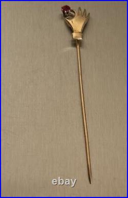 Rare Antique Handmade Victorian 14k Gold Lady's Hand with Ruby 2.75 Stickpin