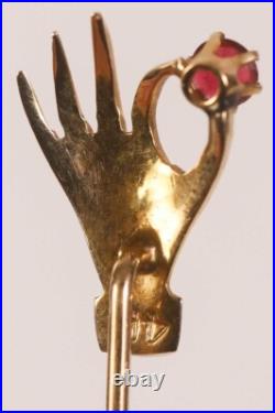 Rare Antique Handmade Victorian 14k Gold Lady's Hand with Ruby 2.75 Stickpin