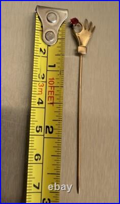 Rare Antique Handmade Victorian 14k Gold Lady's Hand with Ruby 2.75 Stickpin