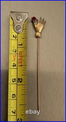 Rare Antique Handmade Victorian 14k Gold Lady's Hand with Ruby 2.75 Stickpin