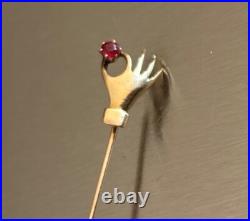 Rare Antique Handmade Victorian 14k Gold Lady's Hand with Ruby 2.75 Stickpin