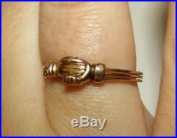 Rare, Antique Victorian 9 Ct Gold Heart And Clasped Hands Fede Gimmel Ring