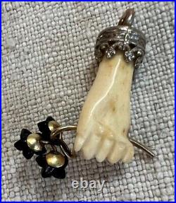 Rare Antique Victorian Carved Hand 9ct Gold Filigree Pendant Holding Jet Flowers